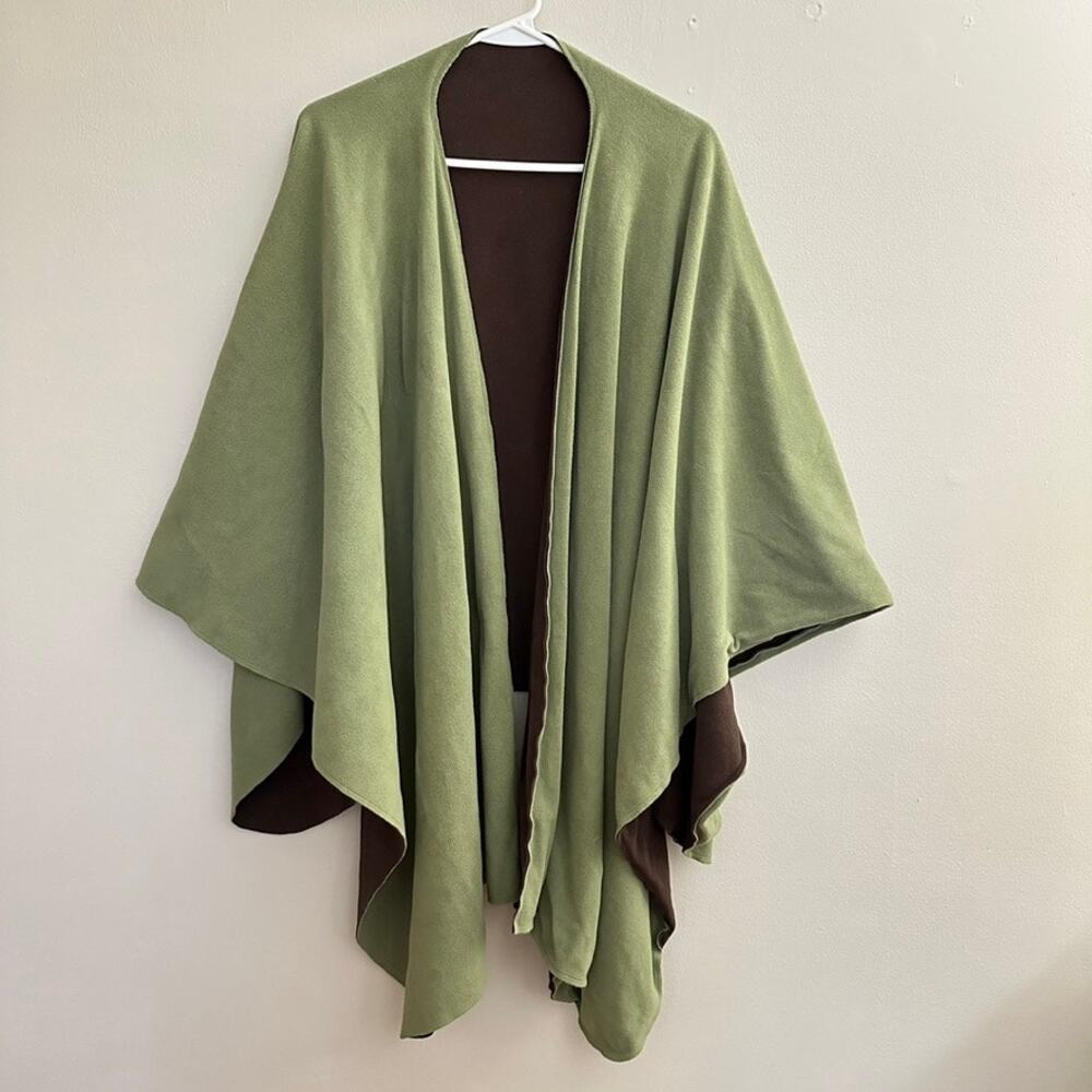 Handmade Reversible Fleece Ruana Poncho Wrap Cape Green Brown One Size Cozy OOAK